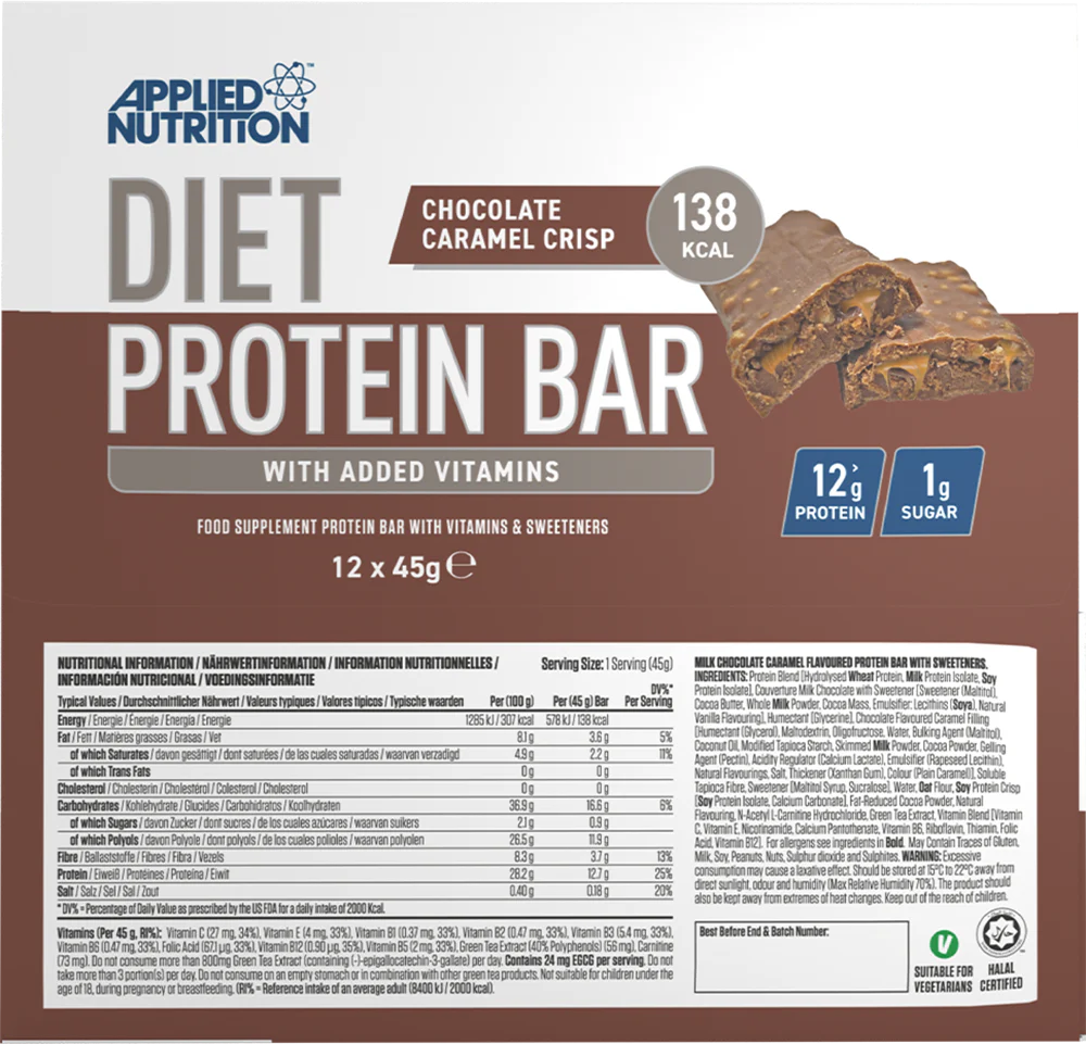 Applied Nutrition Diet Protein Bar Chocolate Caramel Crisp (12 x 45 g) - Image 3