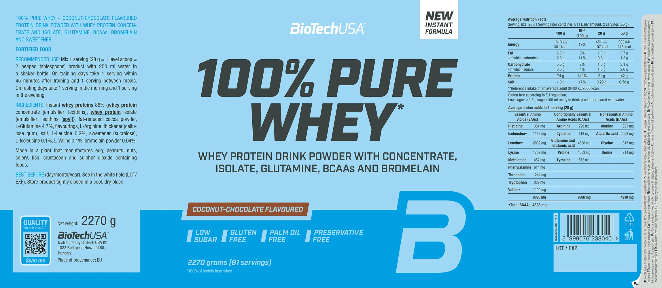 BioTechUSA 100% Pure Whey Chocolat-Noix de coco (2270 g) - Image 2