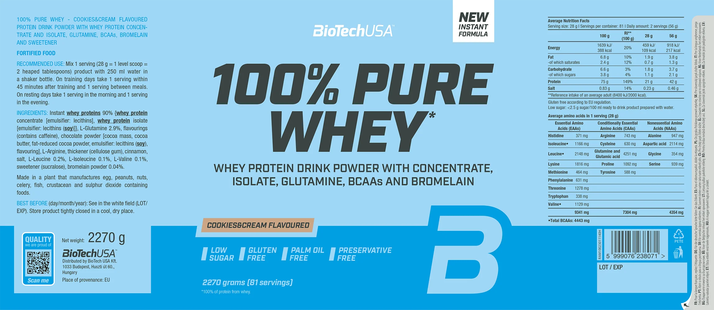 BioTechUSA 100% Pure Whey Cookies & Cream (2270 g) - Image 2