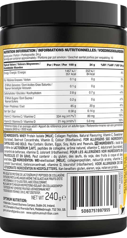 Optimum Nutrition Gold Standard Clear Whey + Collagen Summer Fruit Ice Tea (240 g) - Image 2